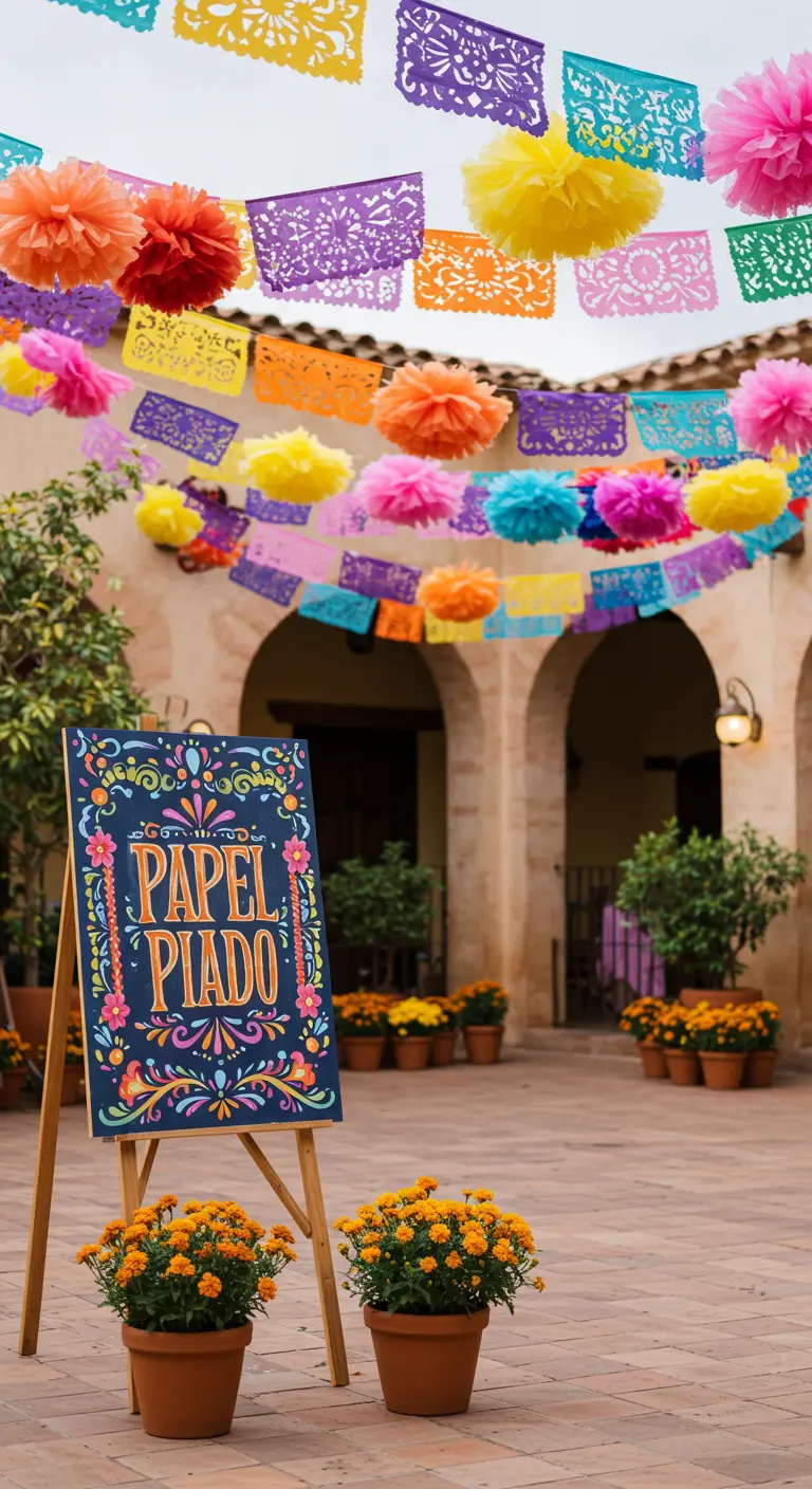 Cartel de bienvenida de estilo mexicano bajo guirnaldas de papel picado de colores.