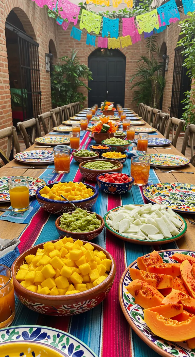 Larga mesa de madera con un camino de mesa mexicano, cuencos de frutas y papel picado.