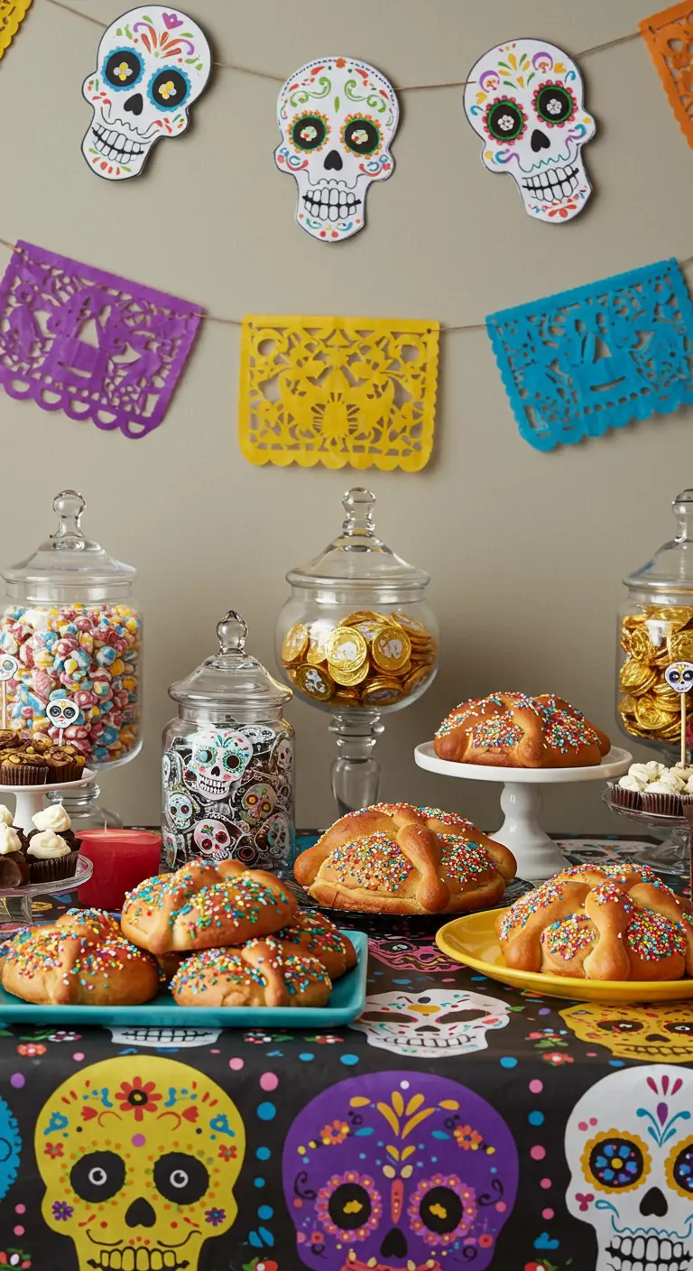 Mesa de dulces infantil y colorida con pan de muerto con chispas y muchos dulces.