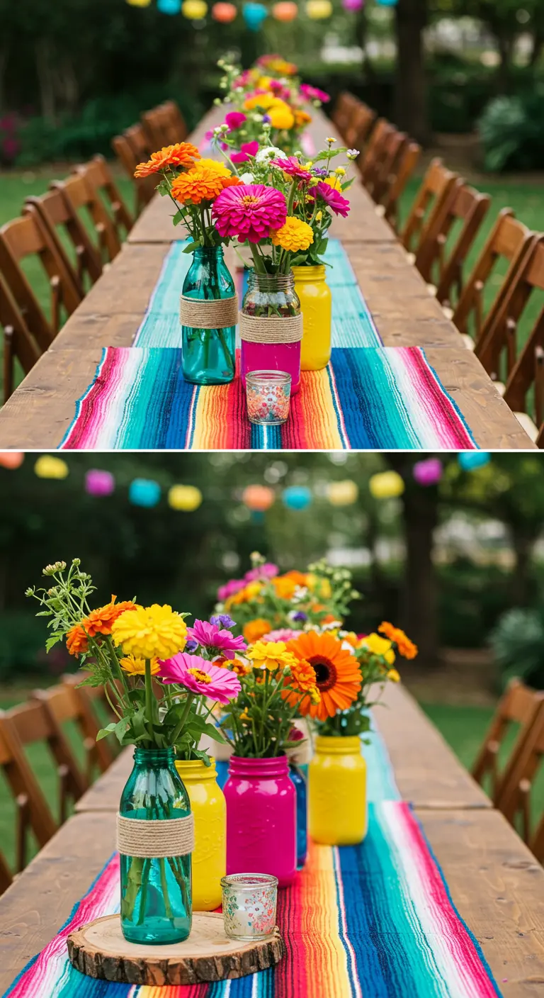 Centros de mesa vibrantes con tarros pintados de colores y flores sobre un sarape mexicano.