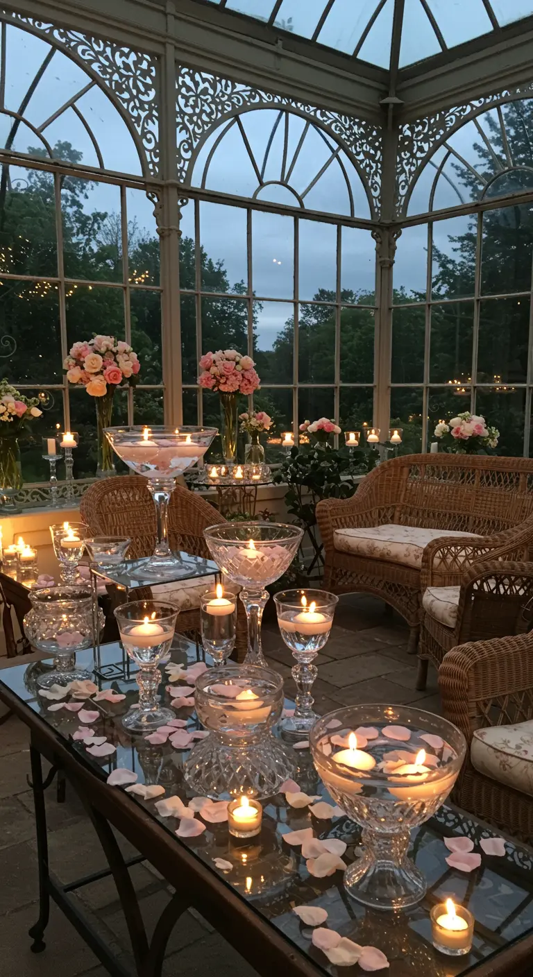 Mesa de cristal en un invernadero elegante con copas llenas de agua y velas flotantes.