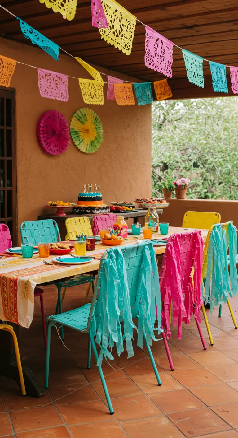 Sillas de metal de colores vivos decoradas con flecos de papel crepé a juego.