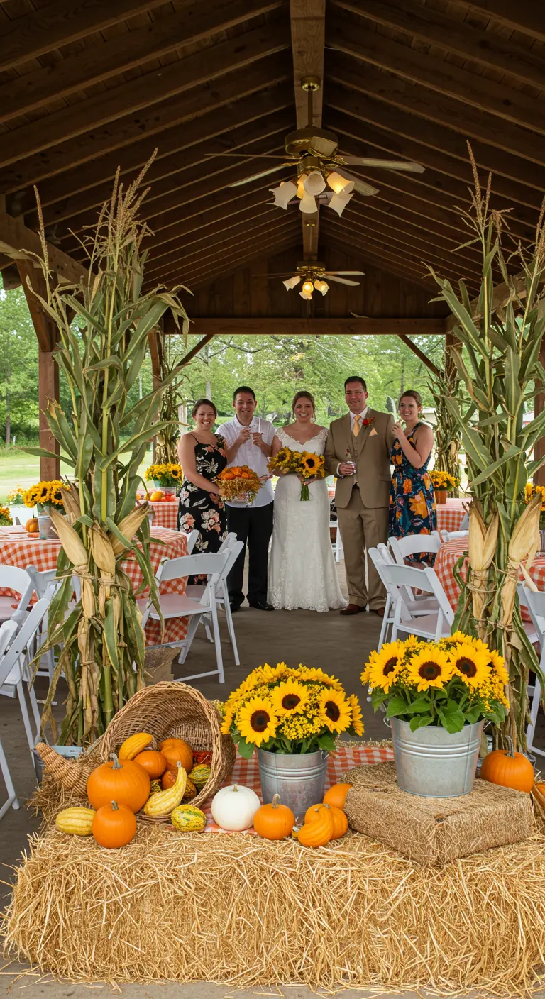 Decoración de boda rústica con fardos de paja, calabazas, girasoles y maíz.