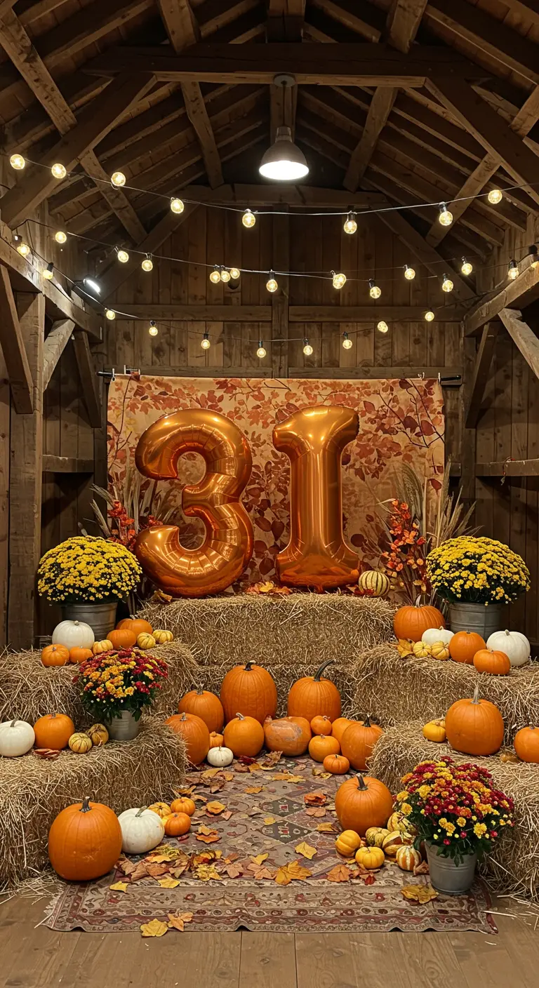 Decoración de cumpleaños en un granero con globos del número 31, balas de paja y calabazas.