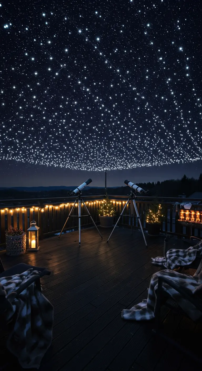 Terraza nocturna con un techo de luces de hadas simulando estrellas y dos telescopios.