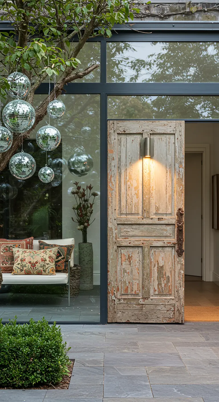 Patio moderno con bolas de discoteca colgando de un árbol junto a una puerta de madera vieja