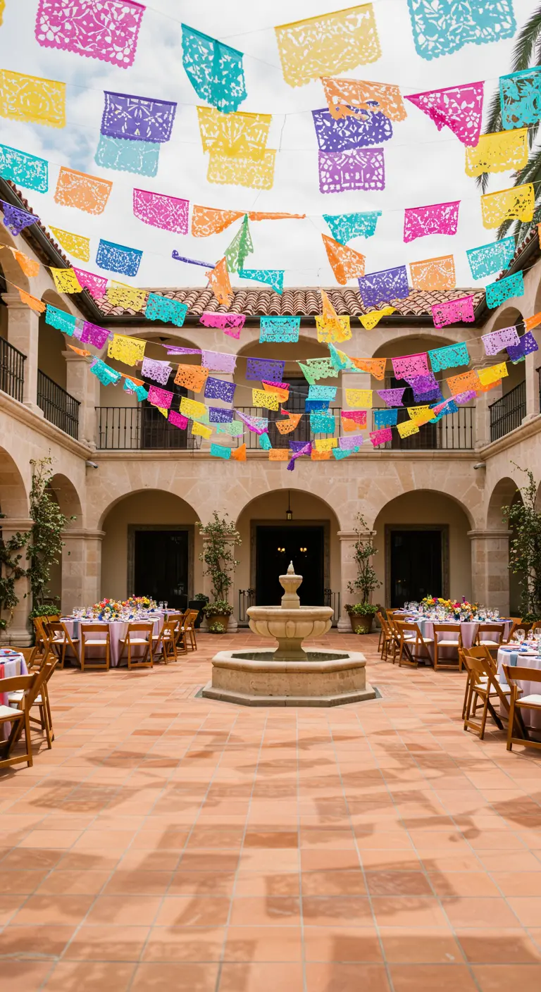 Patio de estilo colonial decorado con guirnaldas de papel picado de múltiples colores.