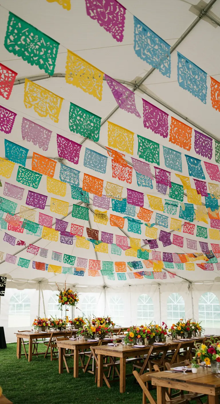 Techo de una carpa de bodas completamente cubierto con guirnaldas de papel picado de múltiples colores.