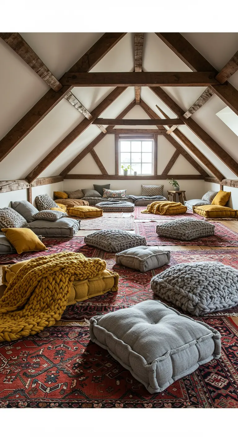 Ático con vigas de madera, alfombra oriental y cojines de suelo grises y amarillos.