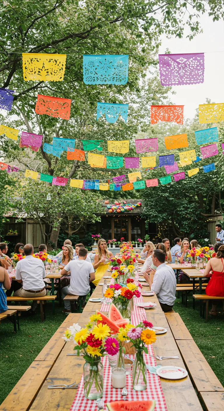Mesa de fiesta al aire libre con mantel de cuadros, flores de colores y rodajas de sandía.