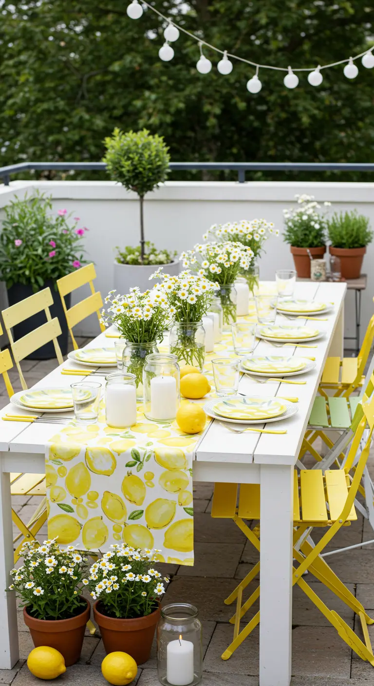 Terraza soleada con mesa blanca, sillas amarillas y una decoración temática de limones y margaritas.
