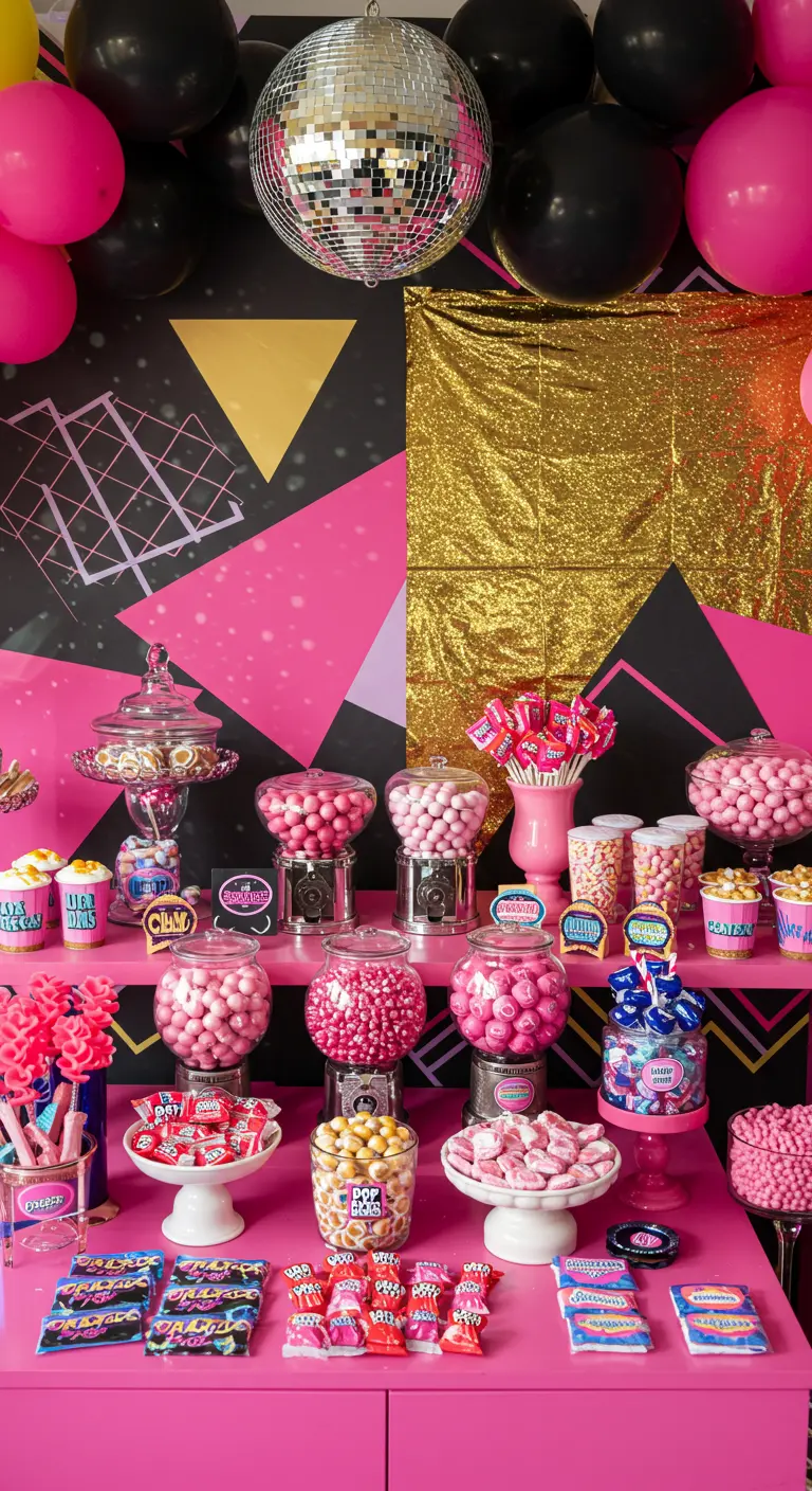 Candy bar de estilo ochentero con bola de discoteca, fondo geométrico y colores neón.