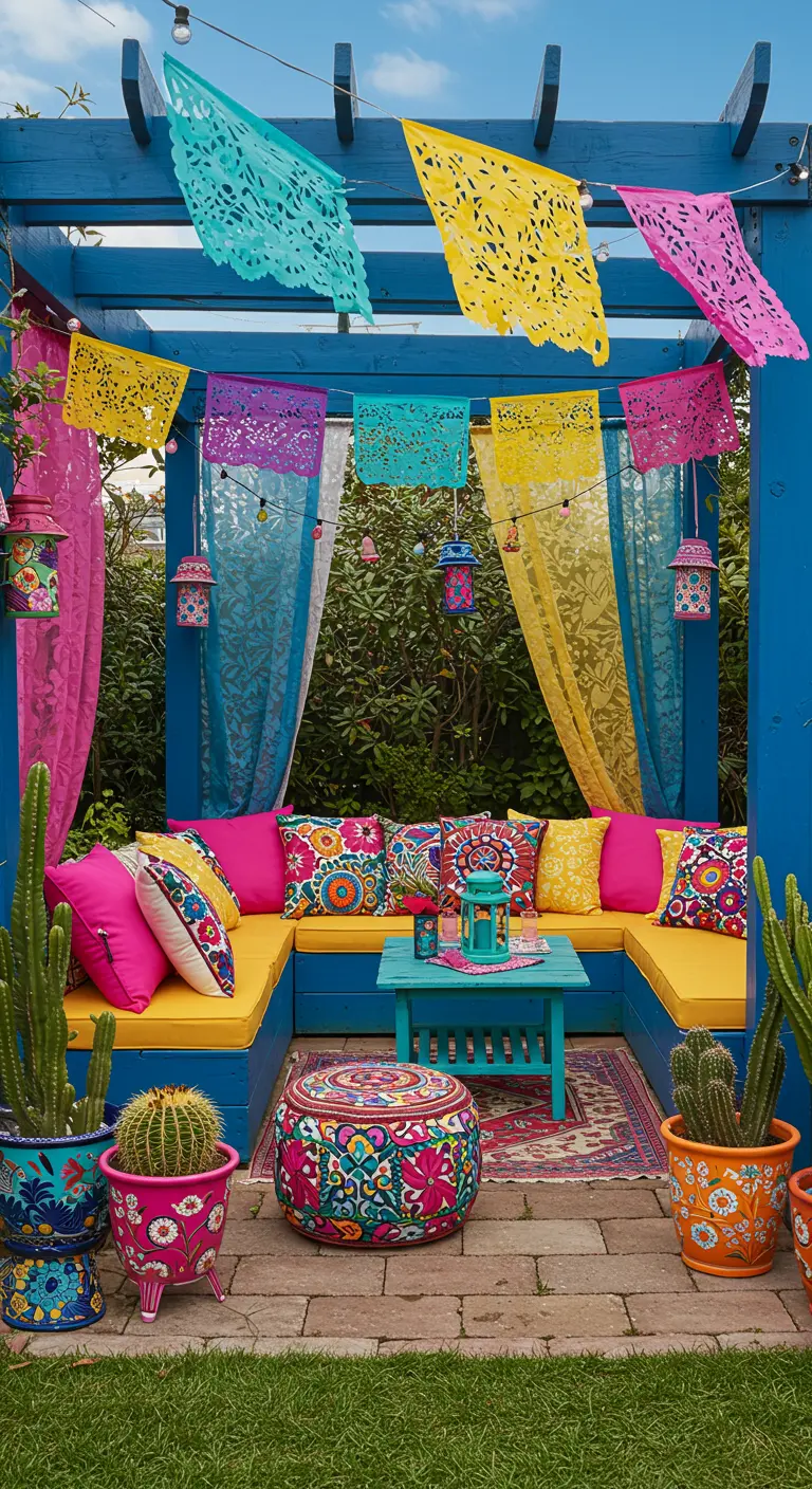 Patio muy colorido con una pérgola azul, cojines bordados, papel picado y cactus en macetas pintadas.