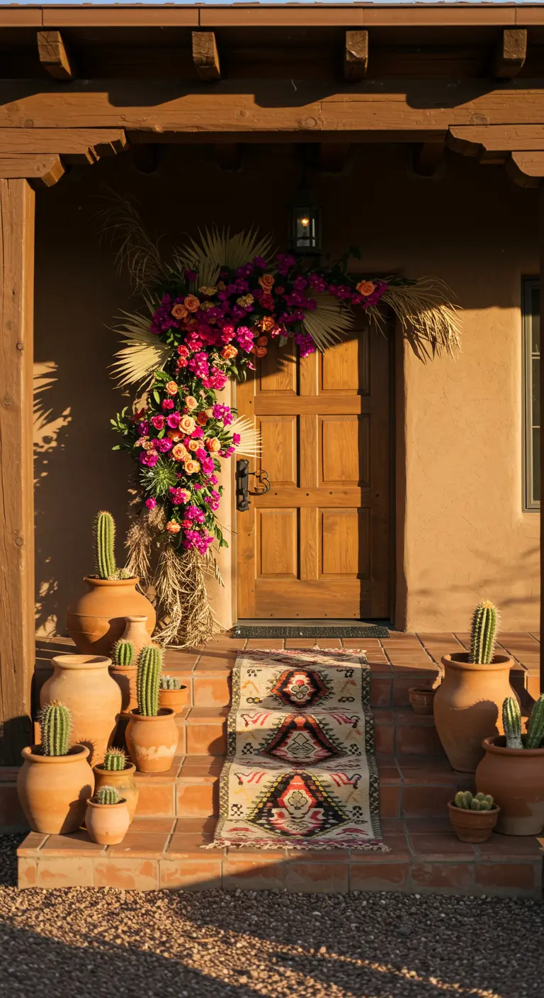 Entrada de estilo suroeste con un arco de flores fucsias, cactus en macetas de terracota y una alfombra navajo.