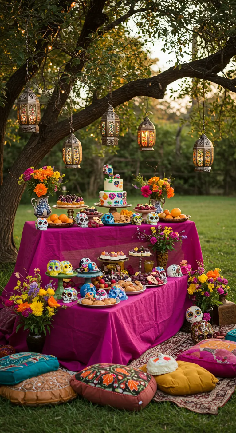 Mesa de postres al aire libre bajo un árbol, con mantel fucsia, flores y calaveras de azúcar.