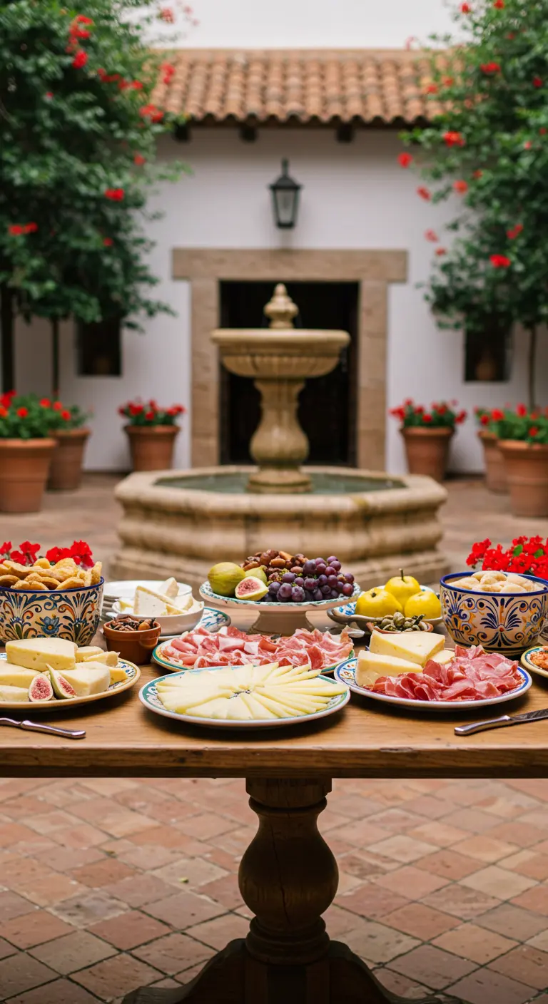Mesa de quesos y embutidos en un patio de estilo español con una fuente.