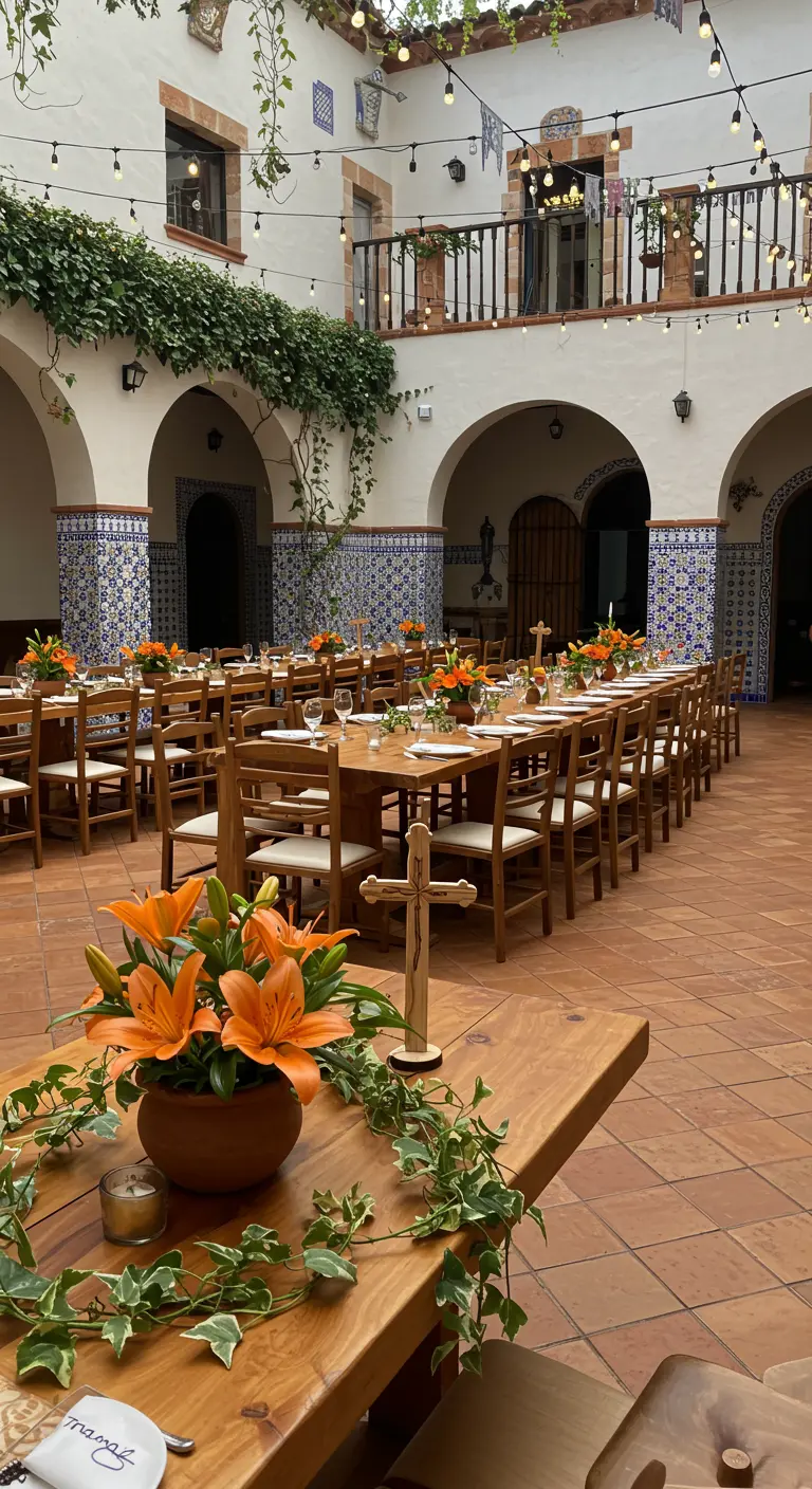 Mesa en un patio español con cruz de madera, lirios naranjas en maceta de barro e hiedra.