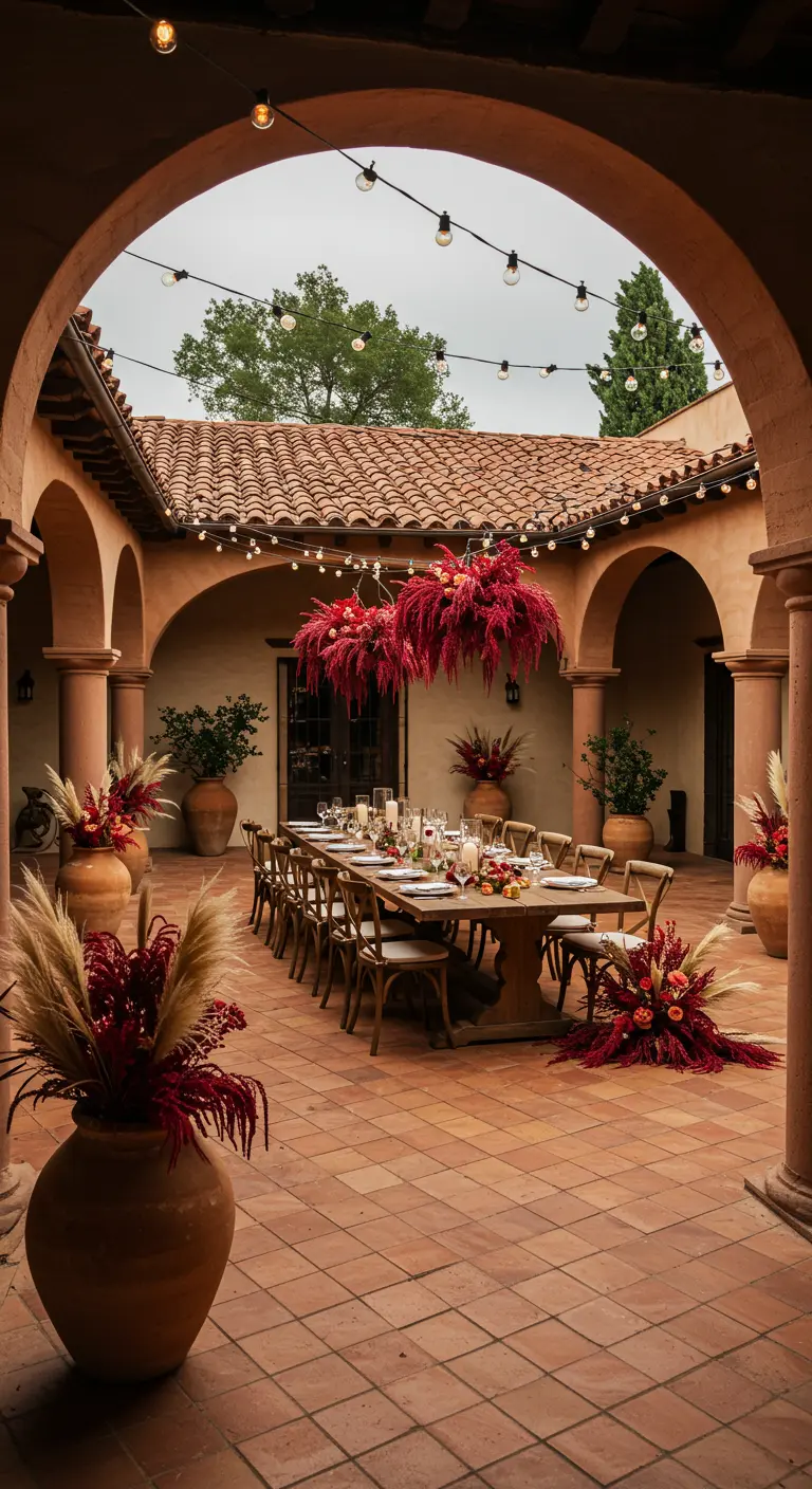 Patio de hacienda con una larga mesa de madera y decoraciones colgantes de amaranto rojo.