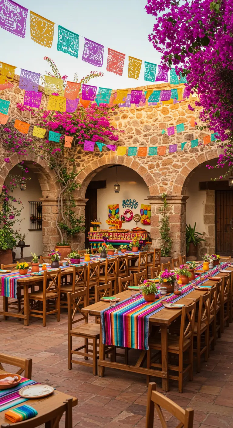 Patio de estilo hacienda decorado para una fiesta de cumpleaños con papel picado y mesas largas.