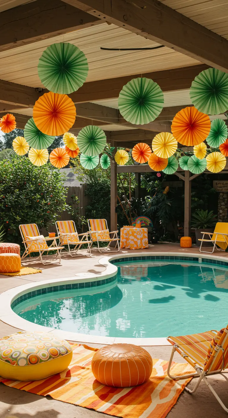 Piscina con decoración retro, incluyendo rosetones de papel naranjas, verdes y amarillos.