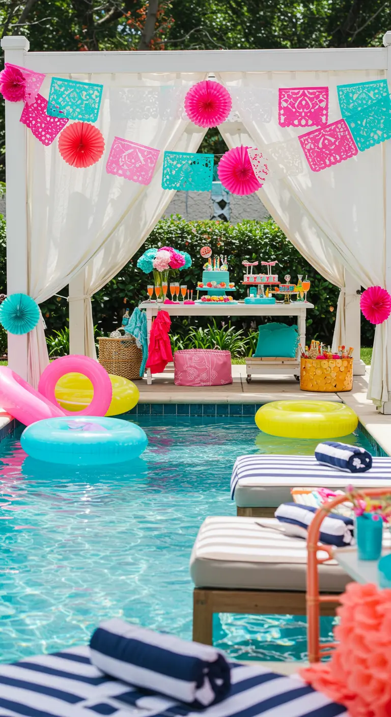 Fiesta en la piscina con una pérgola decorada con papel picado fucsia y turquesa.