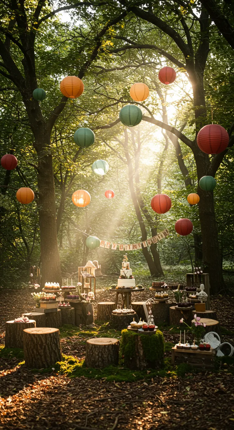 Decoración de cumpleaños en un bosque con lámparas de papel colgando y mesa de postres.