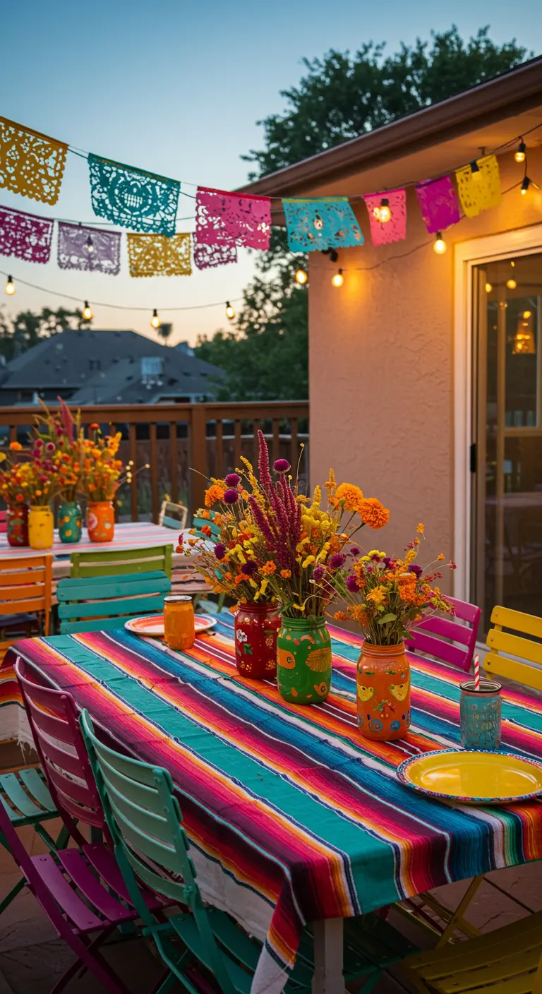 Mesa de fiesta al aire libre con mantel de rayas de colores y flores vibrantes en tarros pintados a mano.