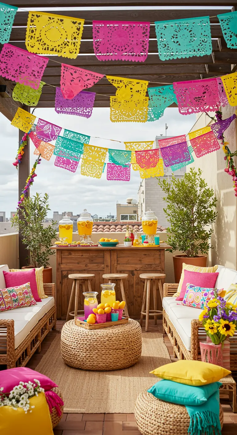 Terraza decorada para una fiesta mexicana con papel picado, cojines de colores y una barra de bebidas.