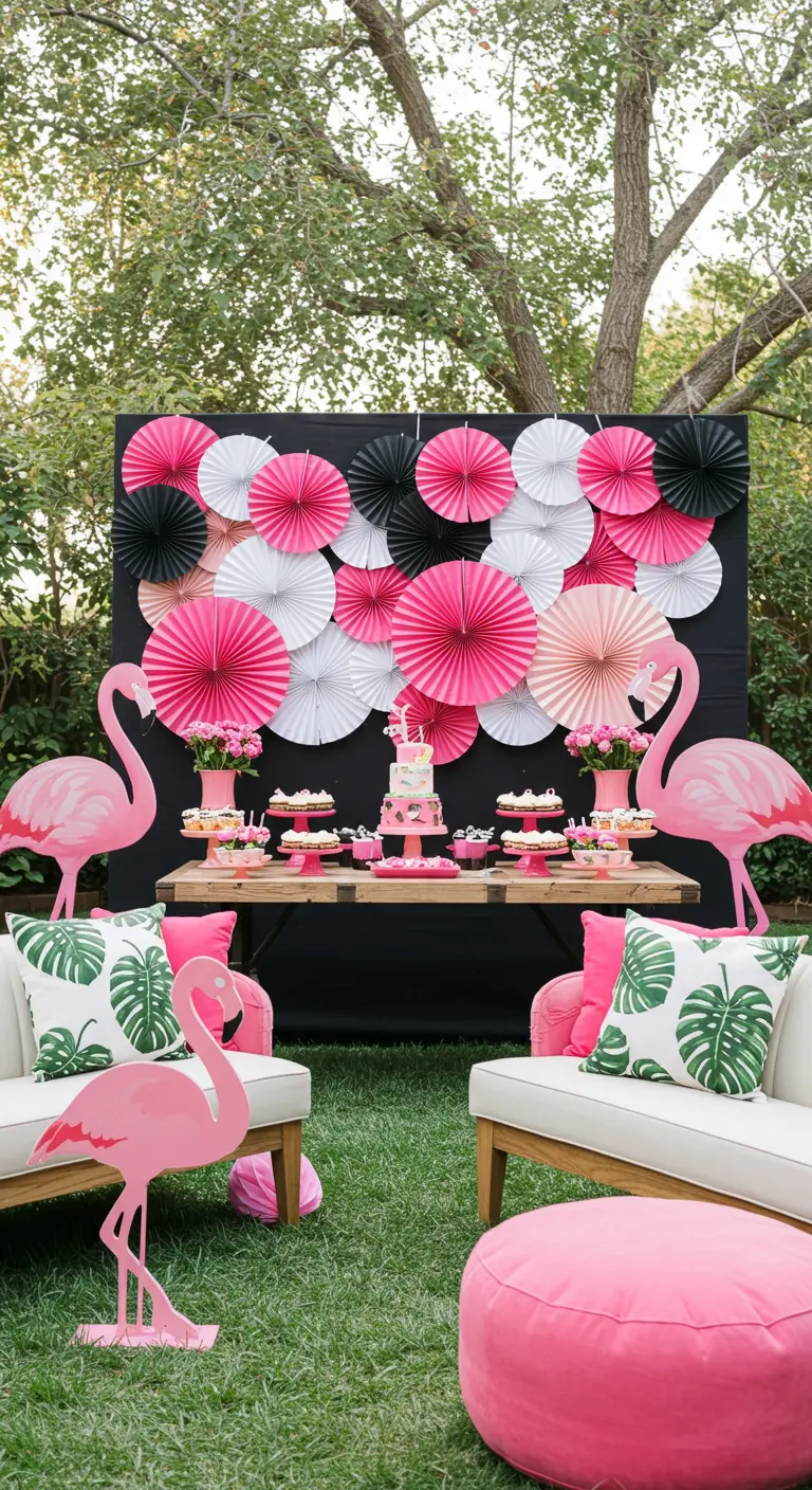 Mesa de dulces con temática de flamencos y un fondo de abanicos de papel rosas, blancos y negros.