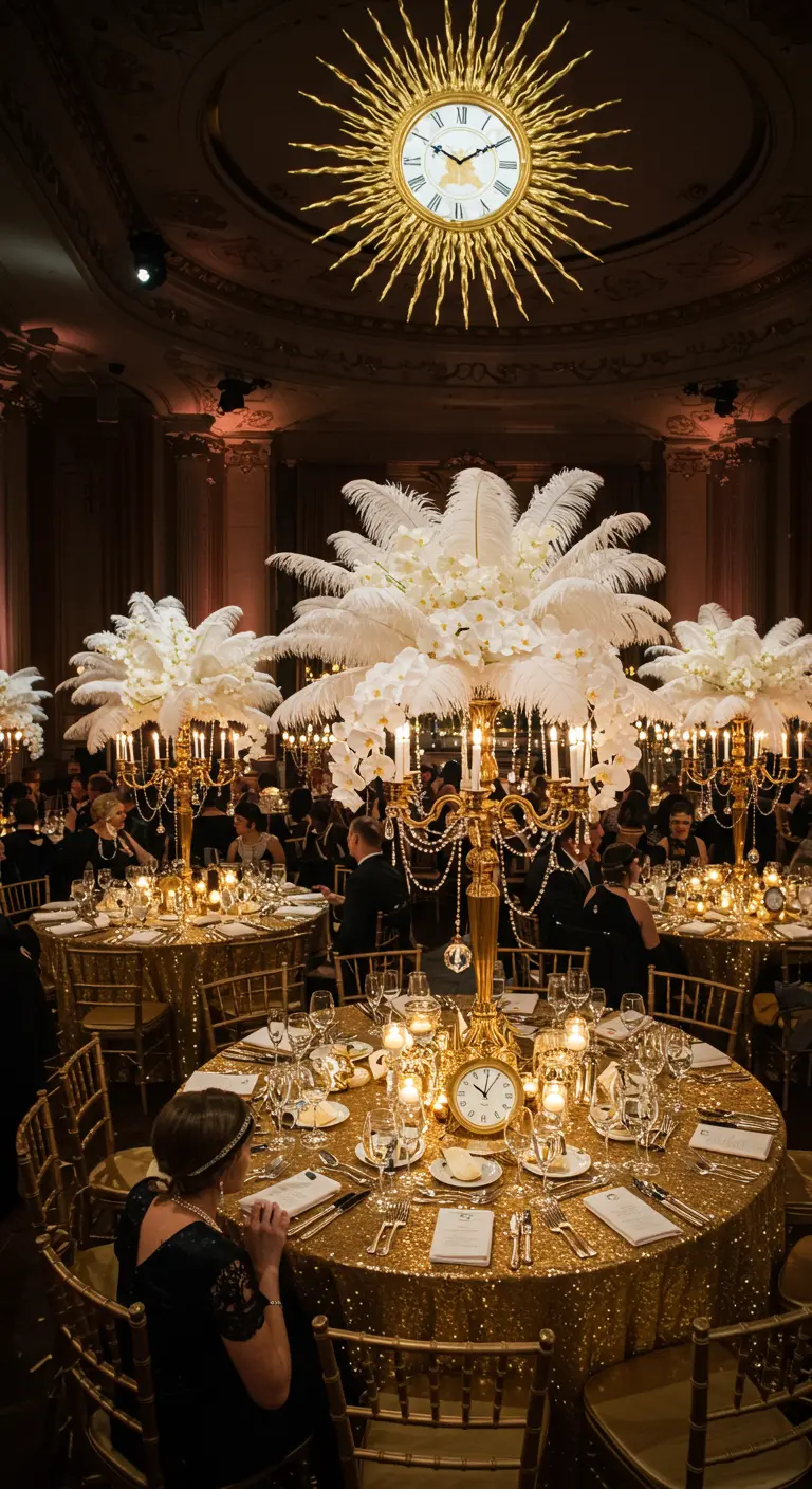 Fiesta temática de los años 20 con centros de mesa de plumas, oro y relojes.