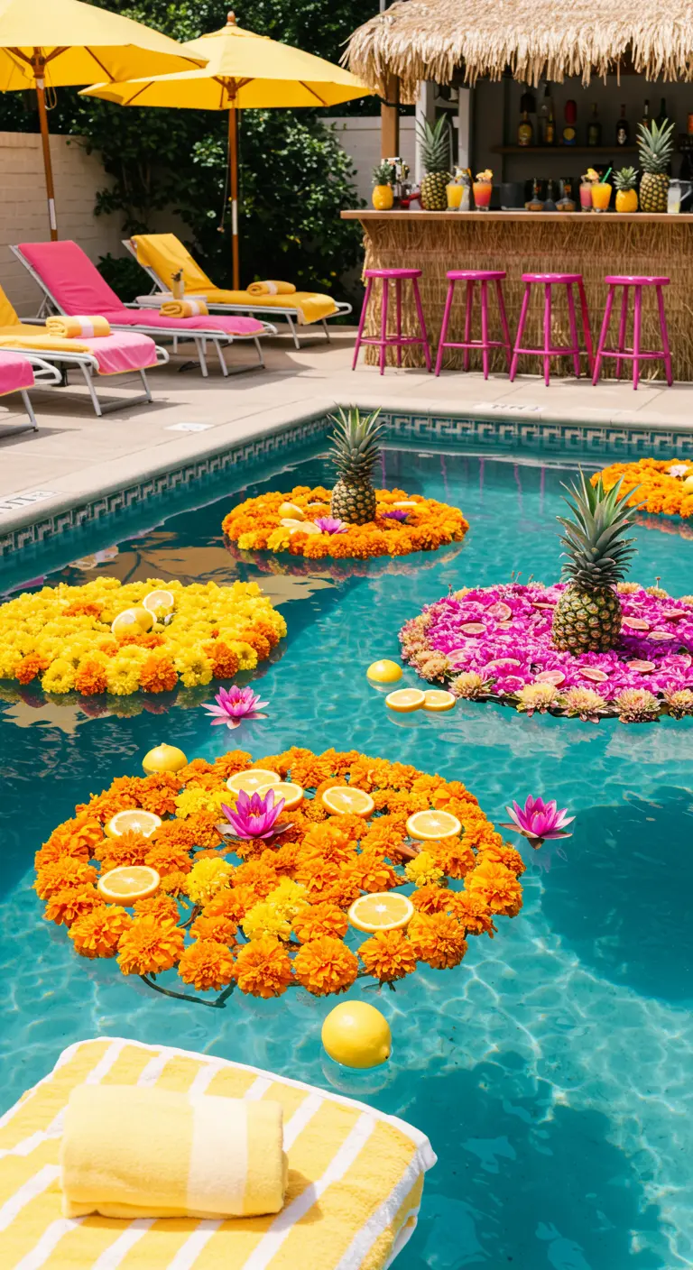 Piscina con arreglos florales flotantes de cempasúchiles y piñas en el centro.