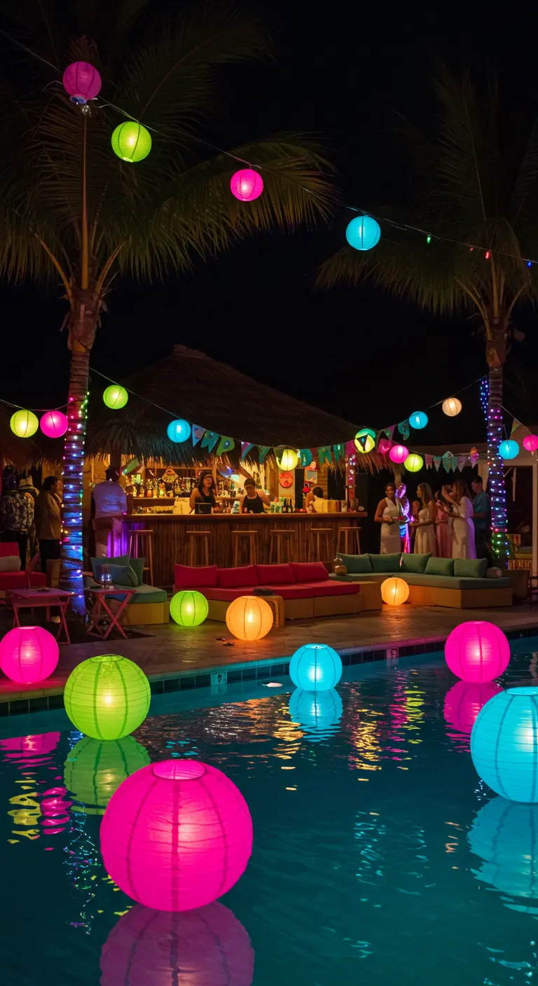 Lámparas de papel de colores neón flotando en una piscina durante una fiesta nocturna.