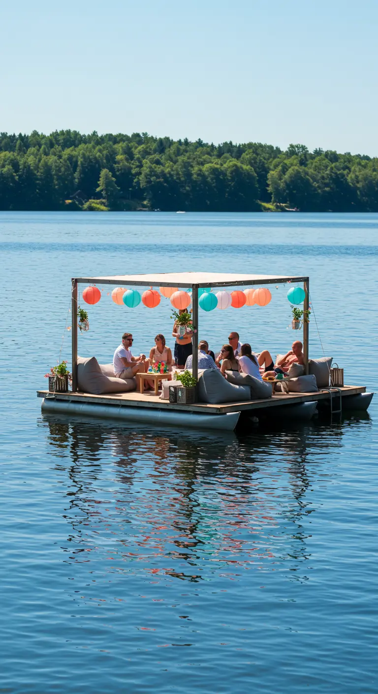 Grupo de amigos en una balsa en un lago, decorada con lámparas de papel de colores.