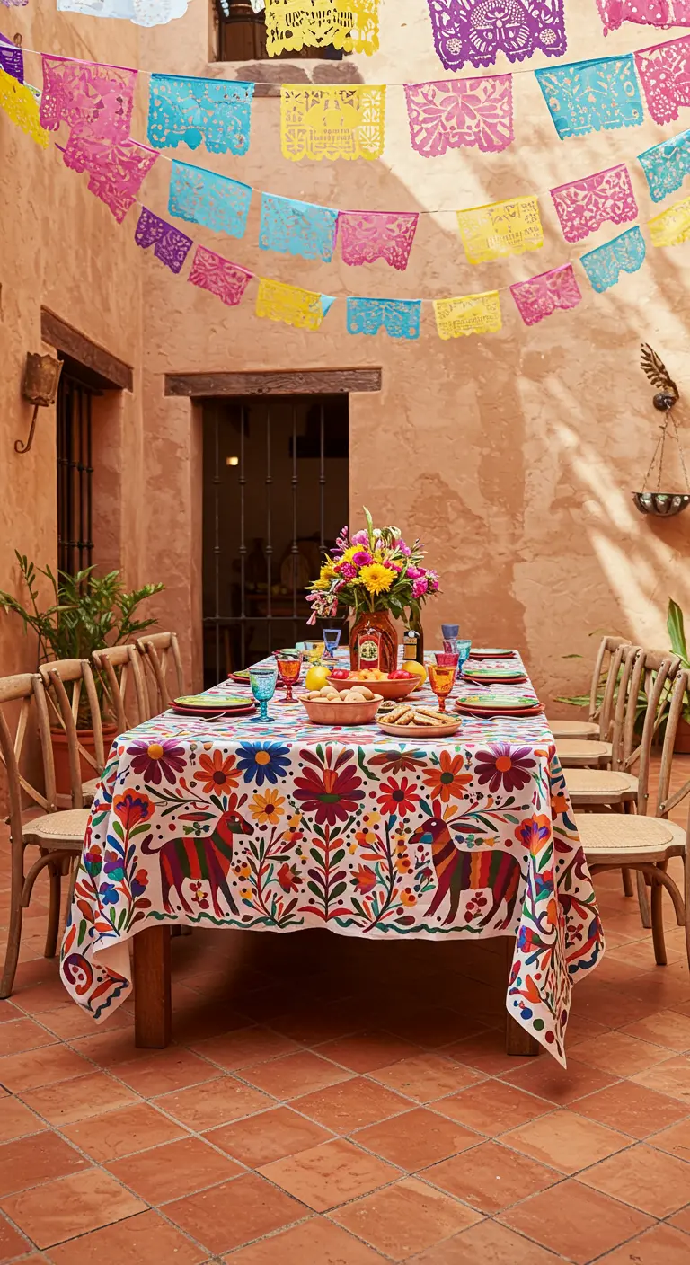 Mantel blanco muy colorido con animales y flores de estilo mexicano en un patio de terracota.