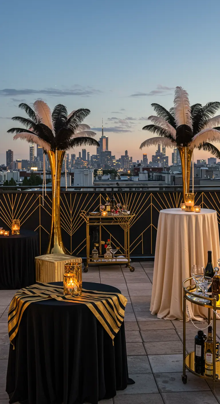 Terraza de azotea decorada para una fiesta estilo Gatsby con manteles negros y dorados.