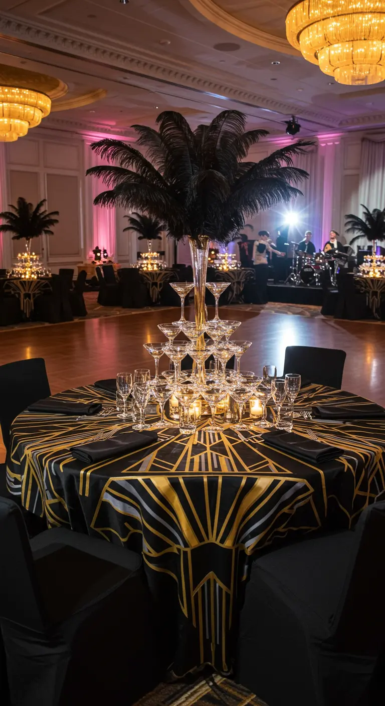 Mantel redondo negro con un patrón Art Déco dorado en una fiesta de gala.