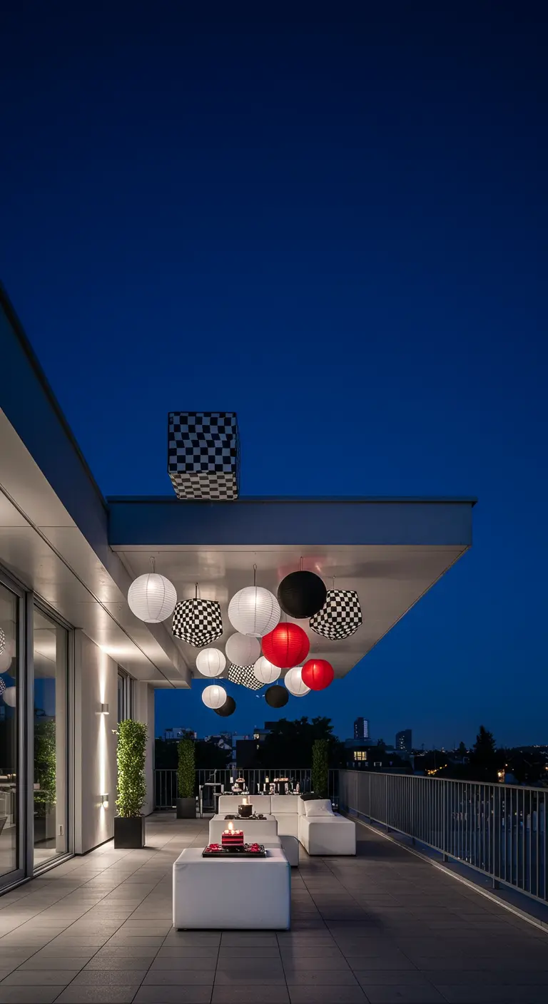 Terraza moderna con lámparas de papel blancas, negras, rojas y a cuadros.