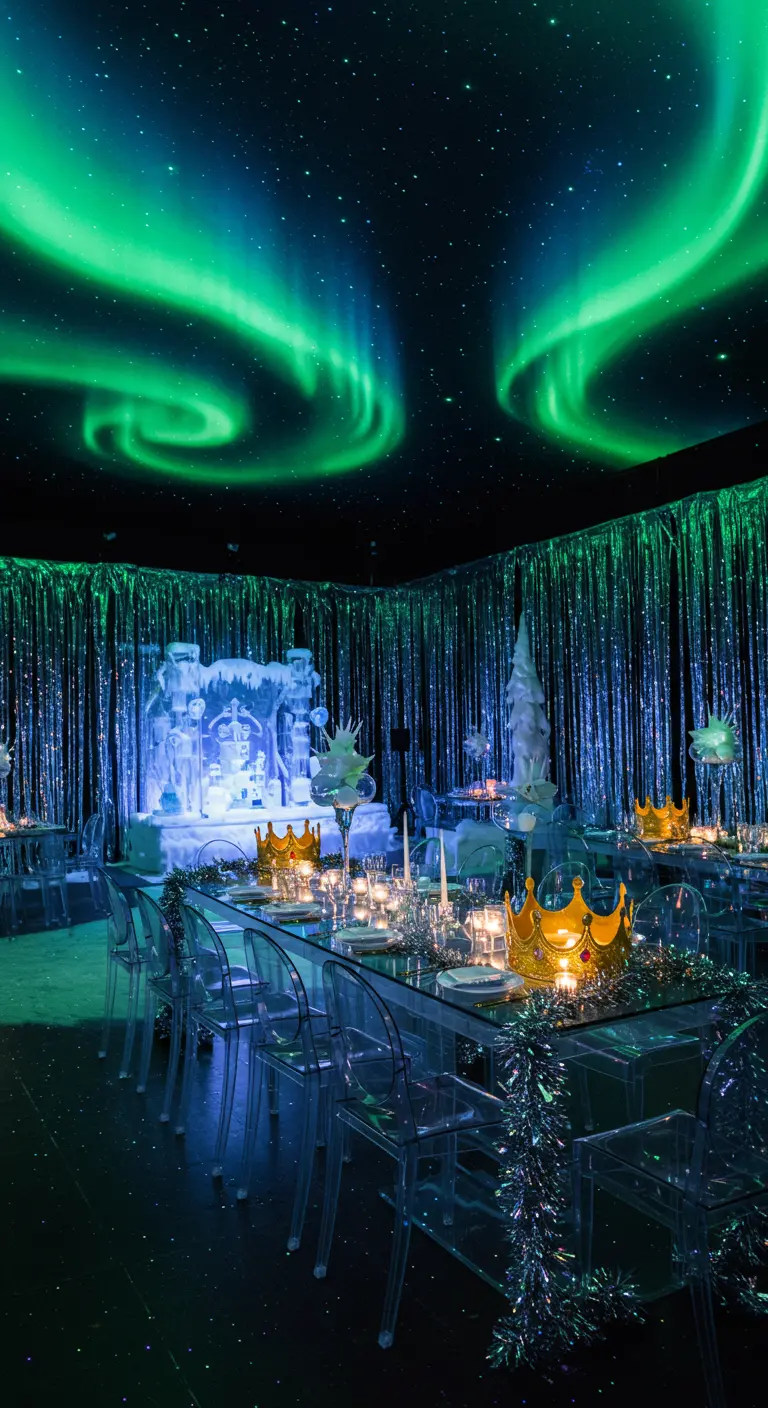Salón de fiesta oscuro con efecto de aurora boreal en el techo y decoración helada.