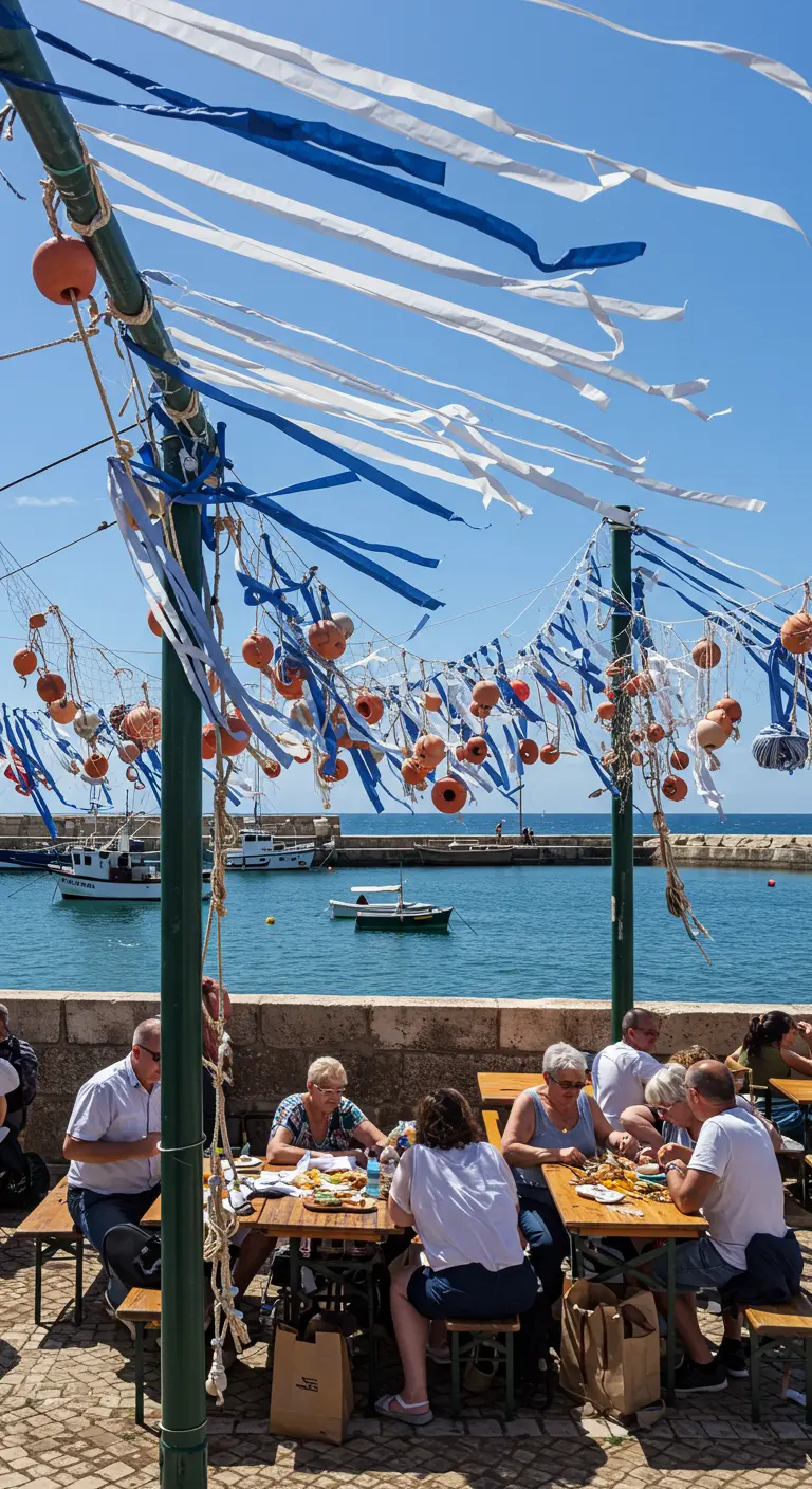 Comensales junto al mar bajo un toldo decorado con cintas azules y blancas y flotadores de pesca.
