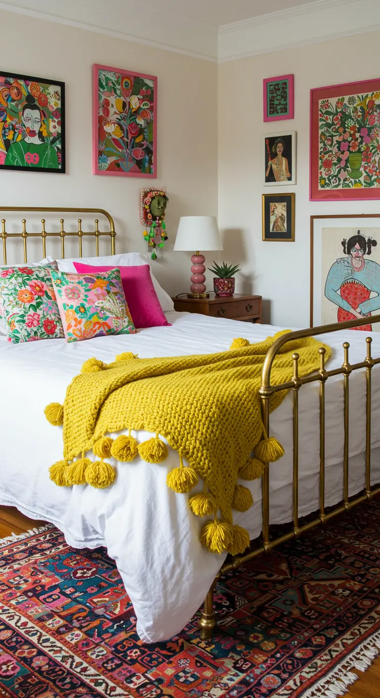 Dormitorio colorido con cama dorada, cojines florales y manta amarilla con pompones.