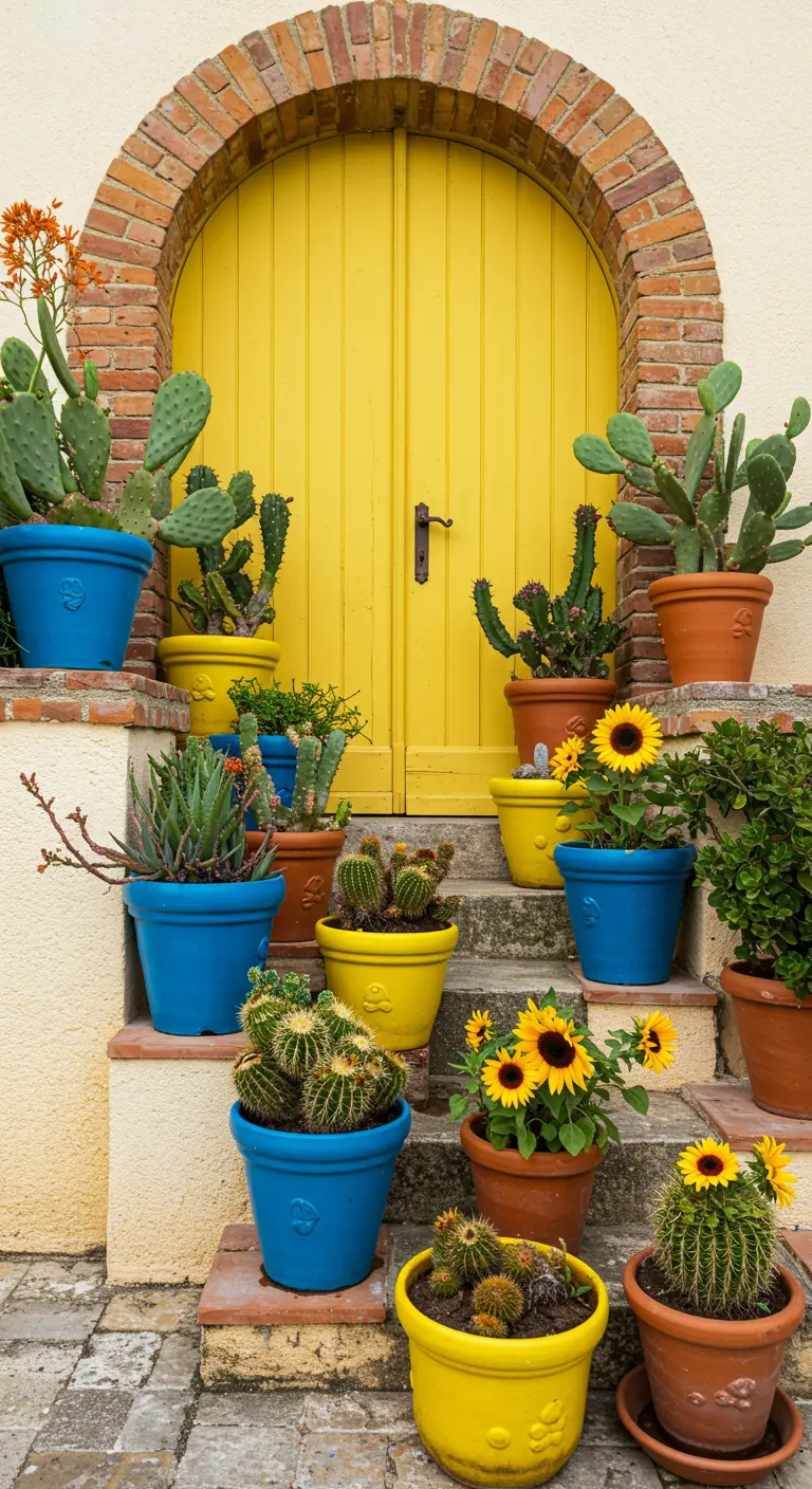 Puerta amarilla enmarcada por un arco de ladrillo y rodeada de macetas azules y amarillas con cactus.