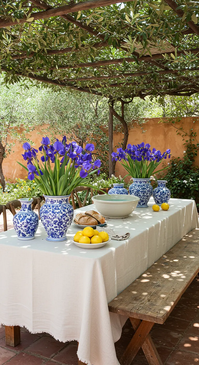 Mesa de bautizo mediterránea con jarrones azules y blancos, lirios y limones frescos.