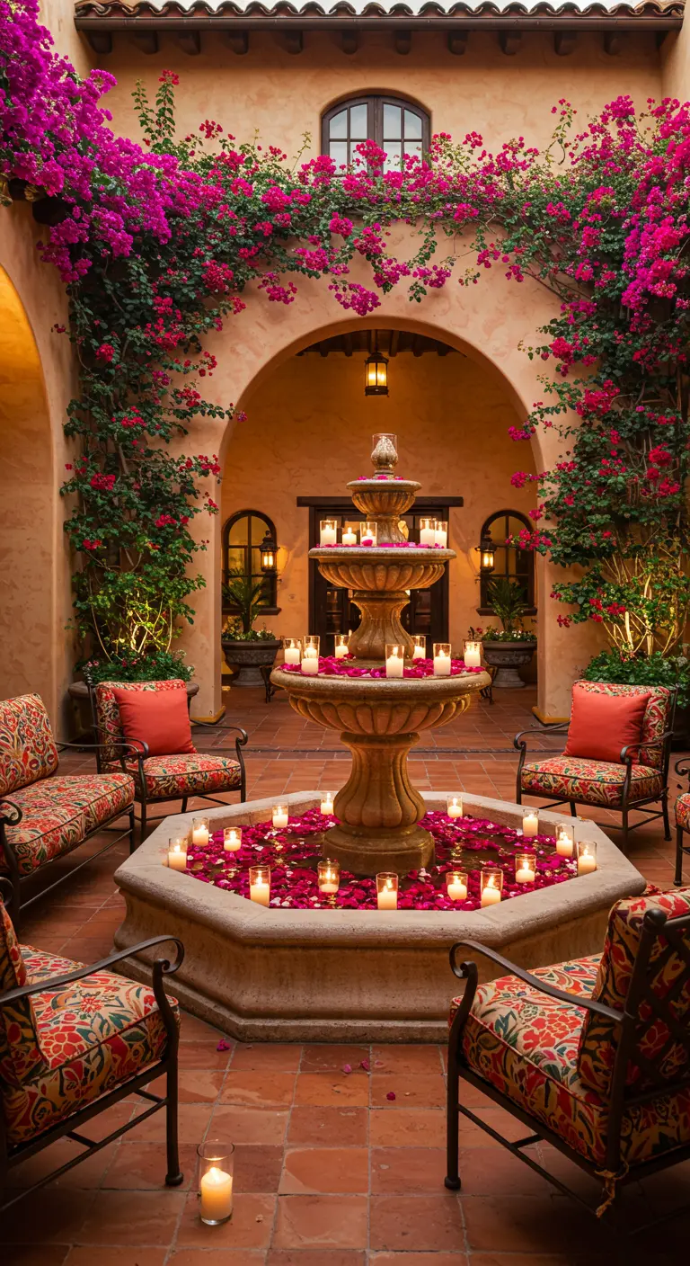 Patio mediterráneo con fuente rebosante de pétalos rojos y velas, rodeada de buganvillas.
