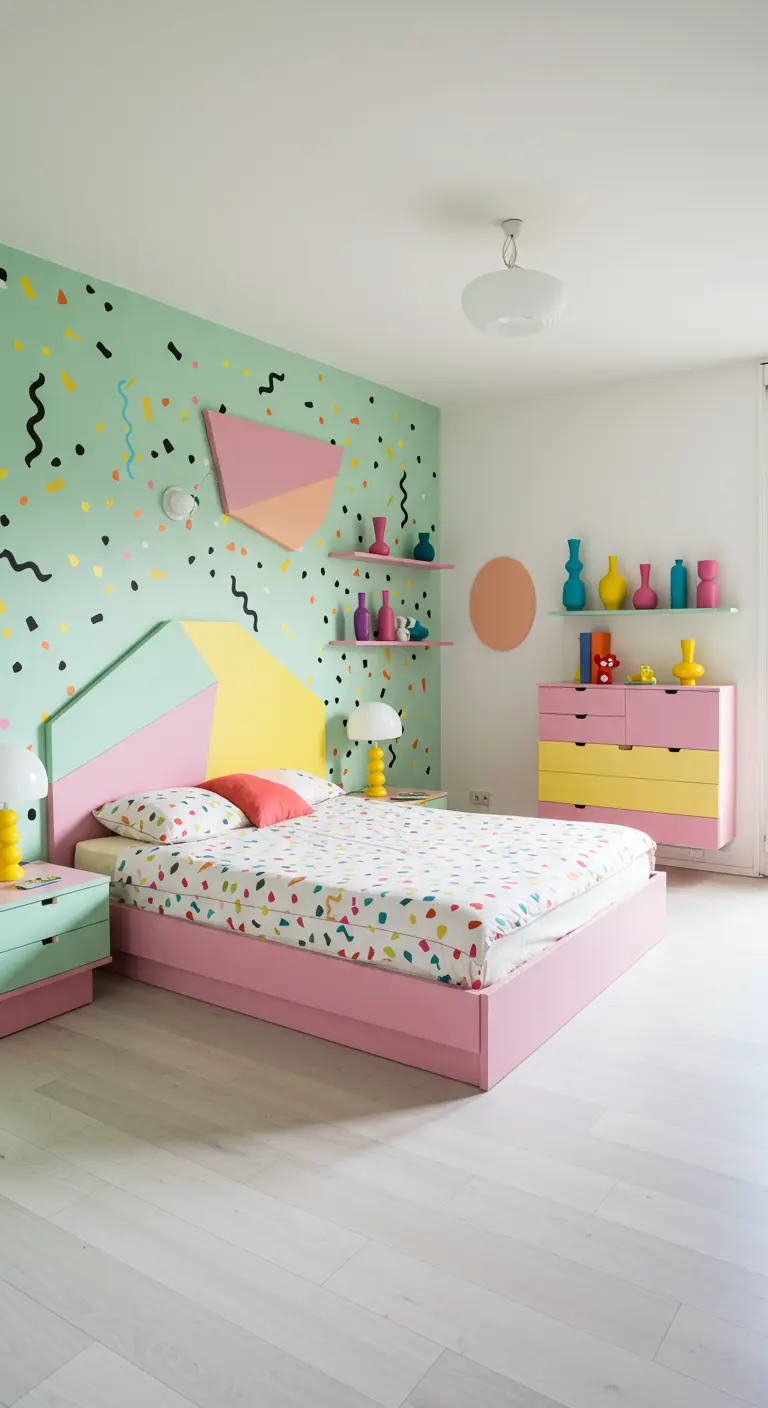 Dormitorio retro de los 80 con pared menta, cama rosa y muebles de colores pastel.