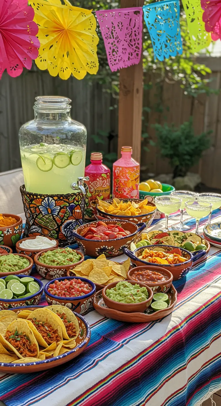 Mesa de fiesta mexicana con tacos, nachos, salsas en cuencos de cerámica y papel picado.