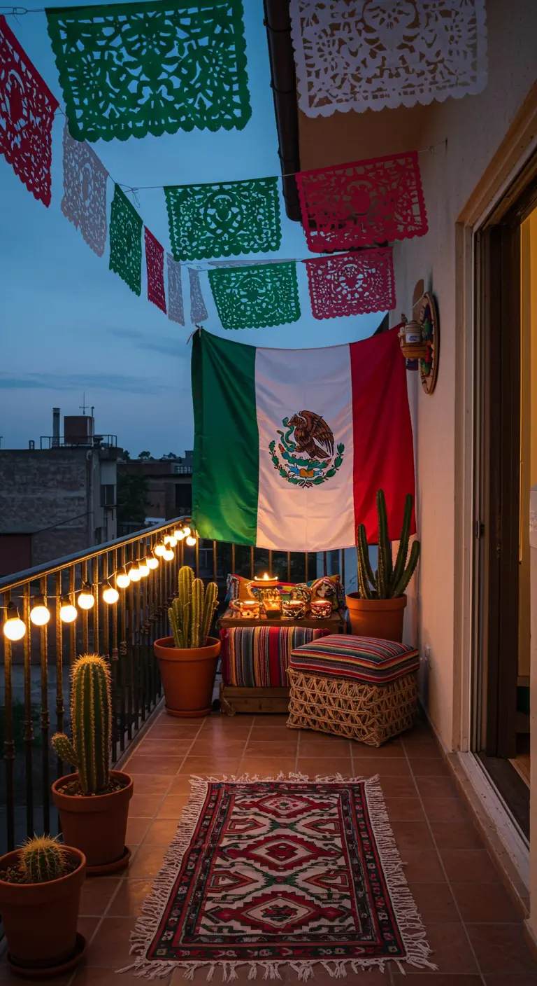 Balcón decorado al estilo mexicano con papel picado, una bandera de México, cactus y luces.
