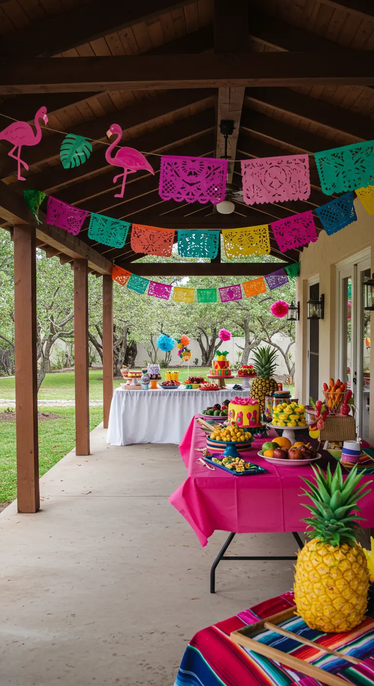 Porche decorado para una fiesta de cumpleaños con papel picado, manteles fucsias y frutas tropicales.