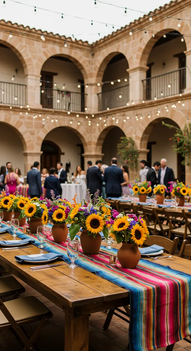 Patio de hacienda con mesas de madera, camino de mesa mexicano y girasoles.