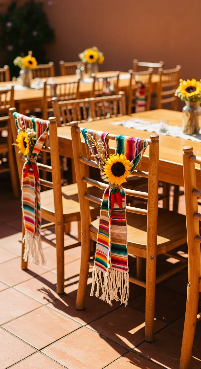 Sillas de madera con telas de sarape coloridas y un girasol grande.