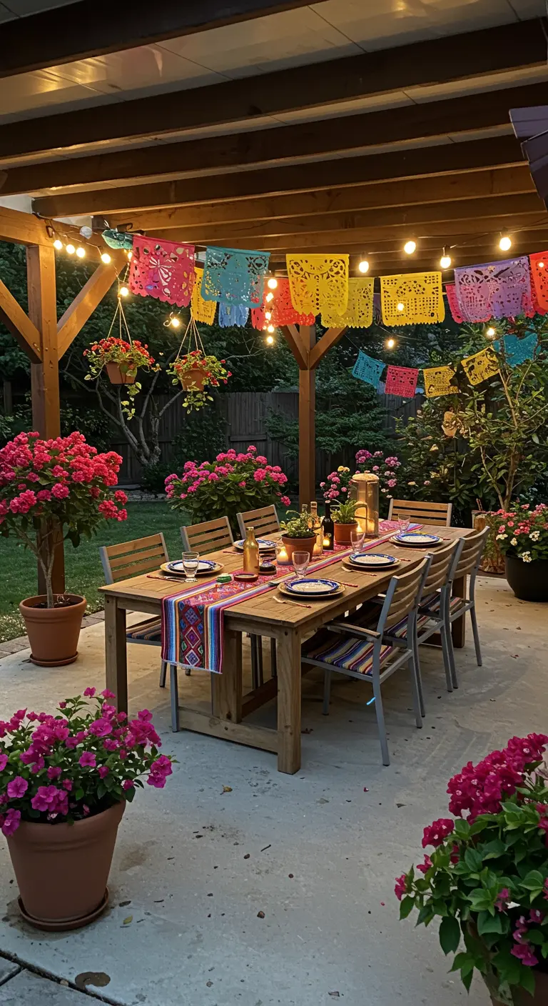 Patio decorado para una cena nocturna con guirnaldas de papel picado y luces cálidas.